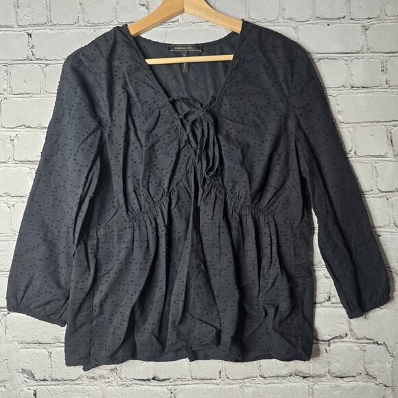 BCBG MaxAzria 100% Cotton Black Textured Polka Dot Lace Up Collar Blouse Large - Picture 2 of 13
